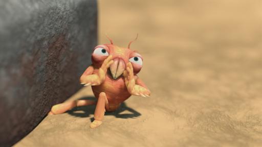 Rechte: KiKA/One Animation PTE LTD. Die kleine Milbe hat ihr Bein unter einem Stein eingeklemmt.