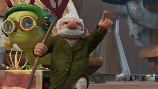 Rechte: KiKA/One Animation PTE LTD. Gramps und Chowser wollen die Pizza mit einer Flagge markieren.