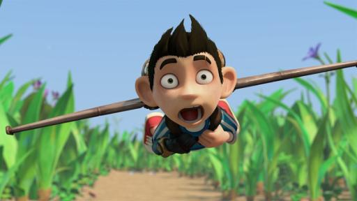 Rechte: KiKA/One Animation PTE LTD. Zaks erster Flugversuch mit dem Jet-Pack.