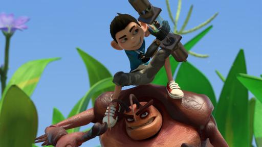 Rechte: KiKA/One Animation PTE LTD. Zak luchst Hye ein Mikronator-Teil ab.
