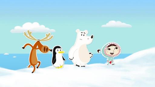 Inui, Lissy, Grumpel und Hubert laufen auf einem vereisten Boden.