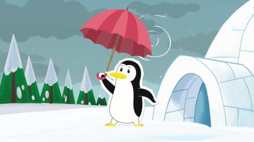 Pinguindame Lissy steht mit dem geliehenen Regenschirm vor Inuis Iglu.