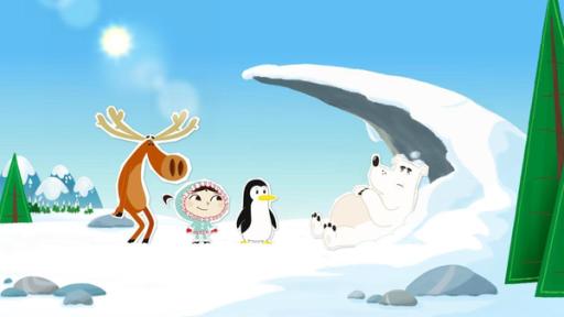 Grumpel liegt unter einem Eisvorsprung. Seine Freunde stehen vor ihm.