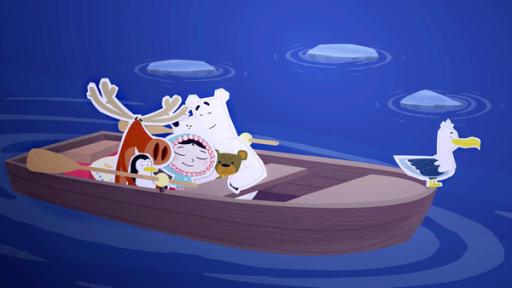Rudern bei Vollmond | Rechte: ZDF Inui und ihre Freunde umarmen sich in einem Boot. Das Mondlicht scheint auf sie hinab.