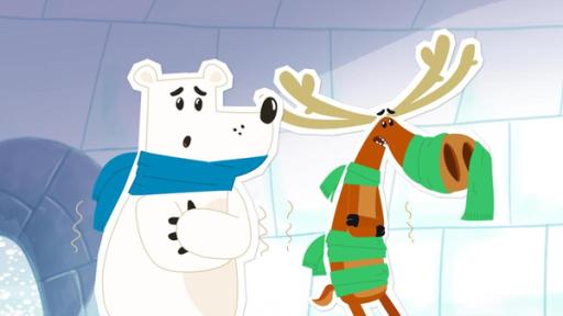 Eisbär Grumpel und Elch Hubert frieren.