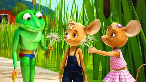 Der Pusteblumentag | Rechte: ZDF Der Frosch Caruso gibt Jo eine Pusteblume und auch Naya hat Pusteblumen in der Hand.