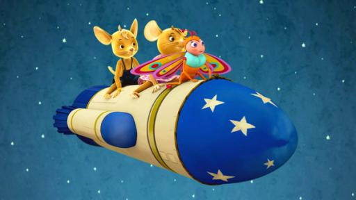 Flieg Rakete! Flieg! | Rechte: ZDF Die drei Freunde fliegen vor einem Sternenhimmel auf einer blaugelben Rakete zum Mond.