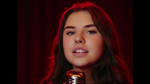 Enya Cox Dempsey steht auf einer Bühne mit roten Vorhängen