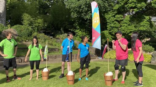 (V.l.:) Julian, Clari, Sherif, Pia, Ben und Jess wollen am letzten Tag der KiKA LIVE Allstars Sommerspiele noch einmal alles geben.