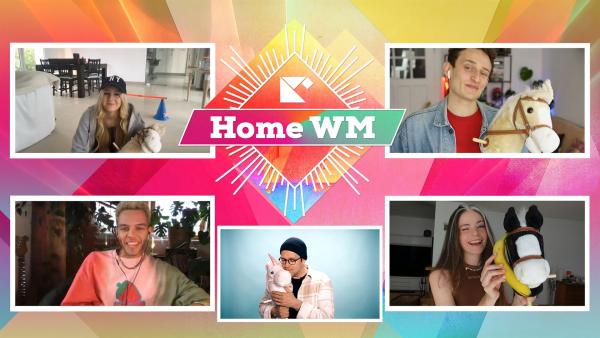 Der zweite Tag der KiKA LIVE Home WM: Ben mit TikTokerin Nadine Breaty, Musiker Malik Harris, YouTube-Star Mavie Noelle und Moderator Checker Julian.