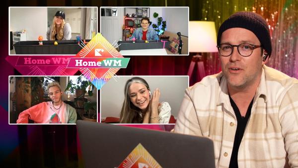 Der vierte Tag der KiKA LIVE Home WM: Ben mit TikTokerin Nadine Breaty, Musiker Malik Harris, YouTube-Star Mavie Noelle und Moderator Checker Julian.