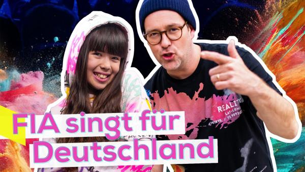 Bildmontage: Rechts steht Ben nah mit animierender Geste der Hand. Links ist FIA lächelnd mit Kapuzenpullover. Aufschrift: FIA singt für Deutschland.