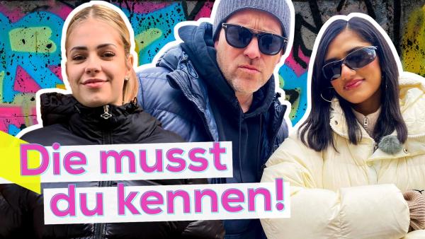 Mittig Ben mit coolem Gesichtsausdruck und Sonnenbrille. Links vor ihm Ellice und rechts Wassermann in cooler Pose. Unten die Aufschrift: Die musst du kennen!