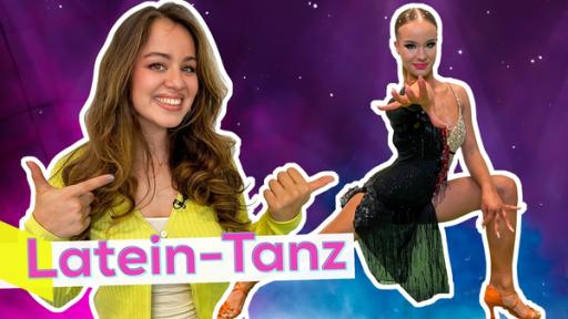Rechte: KiKA/Nicolette Maurer Links Sarah lächelnd. Sie zeigt mit ihren Händen nach rechts. Rechts ein Bild von Tänzerin Lara in Tanzpose. Aufschrift unten links Latein-Tanz.