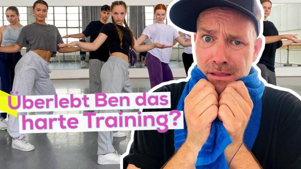 Vorn rechts Ben mit einem Handtuch über den Schultern und ängstlichem Gesichtsausdruck. Hinter ihm die My Move-Dancecrew in lässigen Posen. Aufschrift: Überlebt Ben das harte Training?
