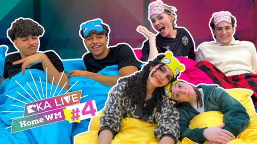 v.l.n.r.: Justin und Samuel Singh in blauen Bettzeug. Esther Graf und Nevio Wendt in Bettzeug in Pink und notselma und Maria Ziffy in gelbem Bettzeug. Aufschrift: Home WM #4