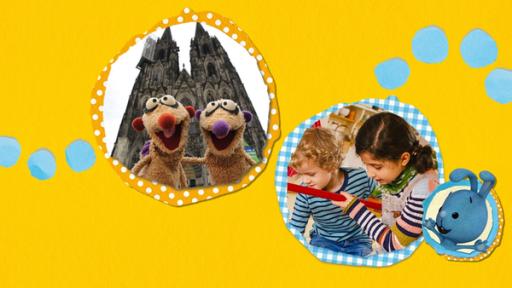 Jan und Henry stehen vor dem Kölner Dom, zwei Kinder sind auf Mäusejagd und Kikaninchen freut sich.