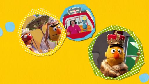 MDP - Von Fröschen und der Feuerwehr | Rechte: KiKA/NDR Ernie und Bert sind verkleidet als Alibaba und der vierte Räuber. Christian und Kikaninchen sitzen in einem Feuerwehrauto. Und Bert ist verkleidet als Kaiser.