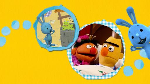 MDP - Von Teppichen und Prinzessinnen | Rechte: KiKA/NDR Kikaninchen spricht mit einem Frosch, der auf einem Brunnen sitzt und Ernie und Bert sind als Prinzessin und Prinz aus Dornröschen verkleidet. Kikaninchen winkt.