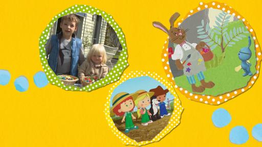Zwei Kinder zeigen ihre Osterkörbchen, Kikaninchen trifft den Osterhasen und Zoé und ihre Freunde tragen grüne Latzhosen.