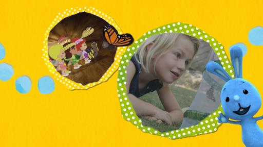 Zoé und ihre Freunde sind verkleidet als Feen und treffen einen Schmetterling. Ein Mädchen beobachtet einen Schmetterling in einem Korb. Kikaninchen winkt.