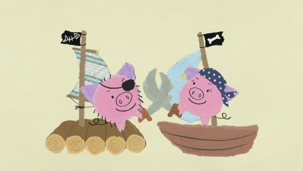 zwei Schweine als Piraten auf einem Boot und einem Floß