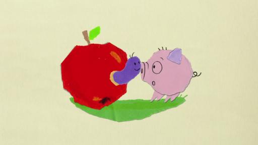 Der Wurm im Apfel | Rechte: KiKA Ein Wurm schaut aus einem roten Apfel und erschreckt ein kleines Ferkel.