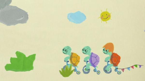 Drei kleine Schildkröten fahren Fahrrad.