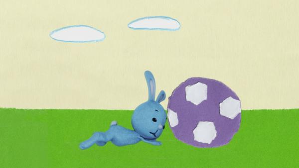 Kikaninchen liegt auf dem Rasen vor einem großen Fußball.