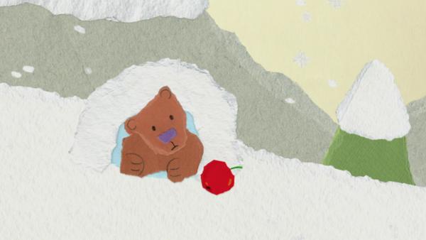 Ein Bär schaut aus einer Höhle. Davor liegt ein roter Apfel.