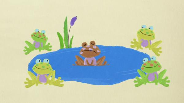 Frösche im, am und um einen Teich.