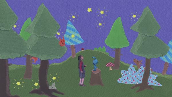 Sterntaler Viviane steht mit Kikaninchen im Wald unterm Sternenhimmel.