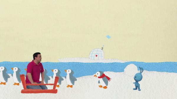 Christian, Kikaninchen und mehrere Pinguine im Schnee.