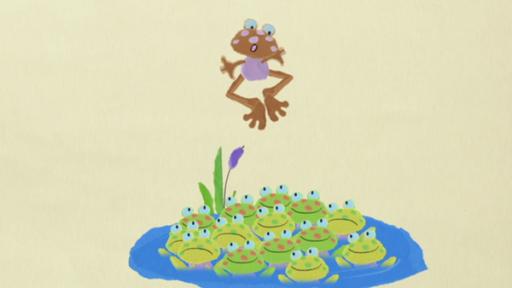 viele grüne Frösche bestaunen einen braunen Frosch