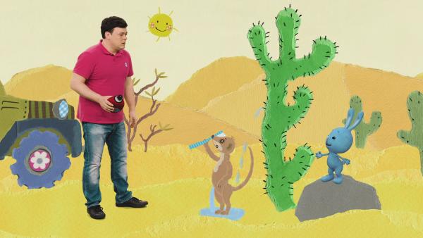 Kikaninchen und Christian stehen in der Wüste vor einem Kaktus.