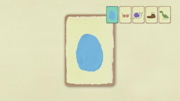 Ein Ei, eine Brille, eine Schnecke, ein Hausschuh und ein Dino. 