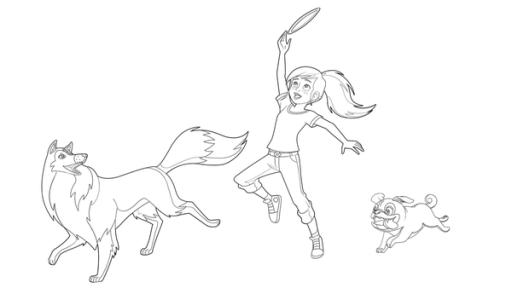 Frisbee | Rechte: Classic Media, DQ Entertainment, Superprod Ausmalbild Zoe spielt Frisbee mit Lassie und Biff