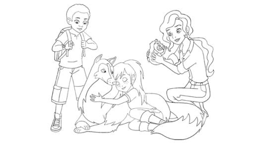 Gemeinsam | Rechte: Classic Media, DQ Entertainment, Superprod Ausmalbild Zoe, Harvey, Lassie, Zoes Mutter Sarah und Hamster Houdini