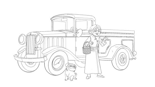 Ausmalbild Mrs. Lee und Biff und ihr Transporter