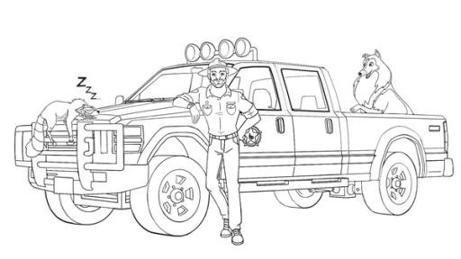 Ranger Graham | Rechte: Classic Media, DQ Entertainment, Superprod Ausmalbild Ranger Graham, sein Auto mit Lassie und schlafendem Waschbär Looper