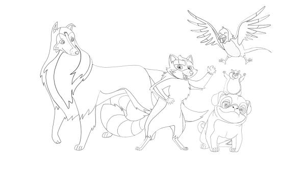 Ausmalbild mit Lassie, dem Mops Biff, dem Waschbären Looper, dem Hamster Houdini und der Elster Pica