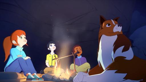 Die Nacht im Freien | Rechte: Superprod, ZDF, ZDFE In der Nacht sitzen Zoé, Kim, Harvey und Lassie vor einer Felswand um ein Lagerfeuer herum und schauen nach oben.