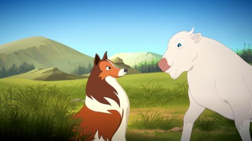 Kleiner Büffel - großes Wunder | Rechte: Superprod, ZDF, ZDFE In einer Wiesenlandschaft sitzt Lassie auf dem Boden, das weiße Kalb steht vor ihr. Die beiden schauen sich freundlich an.
