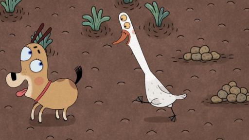 Das besondere Futter | Rechte: © 2024 – Studio FILM BILDER GmbH Lenas Hund und eine weiße Ente spielen Nachlaufen in Lenas Garten.