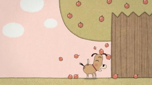 Der Apfelbaum im Herbst | Rechte: © 2024 – Studio FILM BILDER GmbH Lenas Hund steht zum Pinkeln an einem großen Apfelbaum, der viele Früchte trägt. Einige der Äpfel fallen auf den Hund, der vor Schreck und Schmerz den Kopf einzieht.