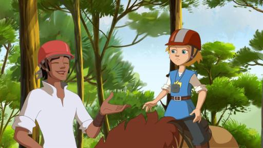 12. Wo ist Kevin? | Rechte: hr Ein Teenager steht lachend vor einem kleine Mädchen, das auf einem Pony sitzt und verwundert schaut.