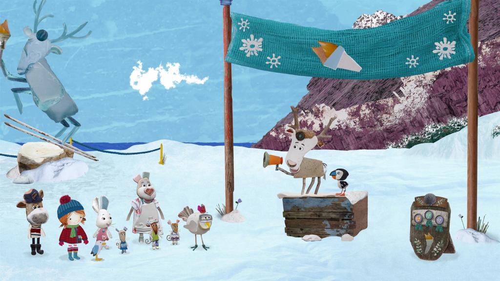 Die Bewohner von Strandschatz Eiland machen sich bereit für die Winterspiele. (Von links nach rechts: Salty, Lily, Pelle, Flöckchen, Quietsche-Mäuse, Nonna, Henne Jette, Lord von Hirsch, Puffin)