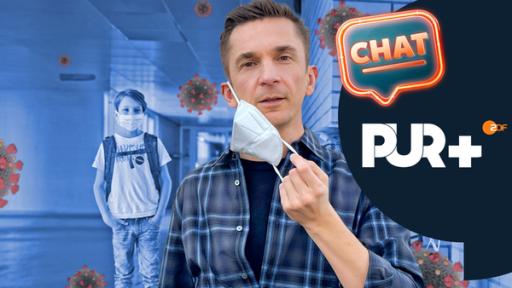 Chat-Teaser: "PUR+": Corona- was hat es mit dir gemacht? | Rechte: ZDF "PUR+"-Moderator Eric Mayer mit einer FFP2-Maske auf dem Gesicht