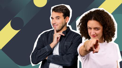 logo! no.front | Rechte: ZDF/ZDF Grafik Ein Mann lächelt nachdenklich, eine Frau zwinkert und zeigt mit dem Finger nach vorn.