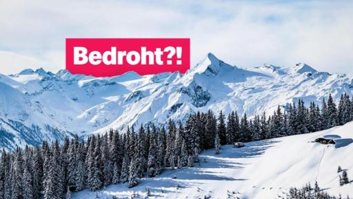 logo! vom Donnerstag, 20. Februar 2025 | Rechte: ZDF Ein Gebirge mit Schnee bedeckt und Tannebäumen, darüber steht Bedroht?! auf rotem Hintergrund